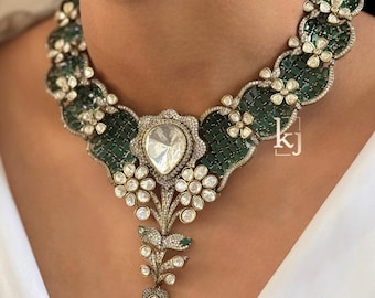 Emerald Green Kundan Choker Set, Sabyasachi Inspired Bridal Necklace, Moissanite Polki Wedding Jewelry