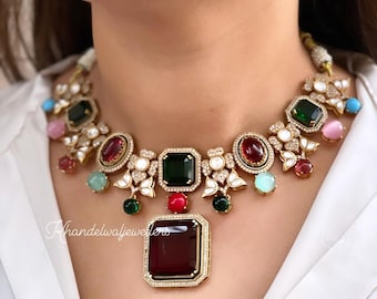 Traditional Multicolor Kundan Necklace Set with Lion Motif Earrings