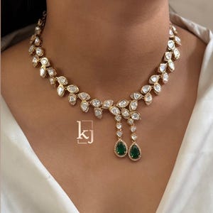 Green Uncut Polki Kundan Necklace Set Gold Plated Finish | Designer Polki Necklace | Indian Jewelry Kundan Necklace | Pakistani Jewelry Set