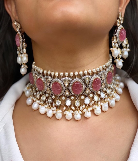 Victorian Kundan Choker Set Pink Stones | Polki CZ Bridal Necklace | Sabyasachi Style Wedding Jewelry