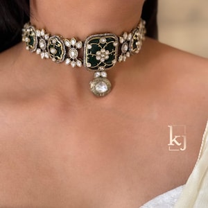 Green Emerald Victorian Uncut Polki Kundan Choker, Sabyasachi Designer Necklace, Bollywood, Indian Pakistani Jewelry ,Bridal jewelry
