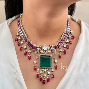 Premium Necklace Set Sabyasachi Inspired Indian Wedding Jewelry Green Doublet Necklace Uncut Polki Set Victorian Jewelry Bridal Necklace Set