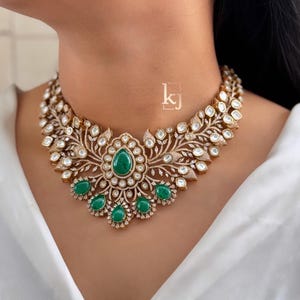 Uncut Polki Kundan Necklace Sabyasachi Jewelry Emerald Kundan Premium Green Necklace Moissanite Kundan Polki Choker Pakistani Jewelry Set