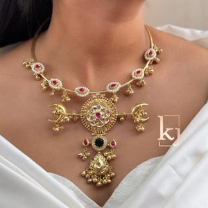 Antique Gold Plated Kundan Necklace Set, South Indian Necklace With Earring, Designer Jewelry Ruby red Wedding Jewelry, Traditional Jewelry