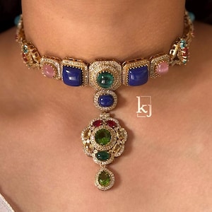 Sabyasachi Inspired Delicate Multi Kundan Choker Indian Jewelry Indian Necklace Indian Choker Indian Wedding Necklace Set Navratan Choker
