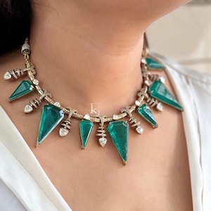 Emerald Victorian Doublet Moissanite Polki Necklace, Sabyasachi Inspired Necklace Celebrity Designer Necklace, Indian Pakistani Jewelry