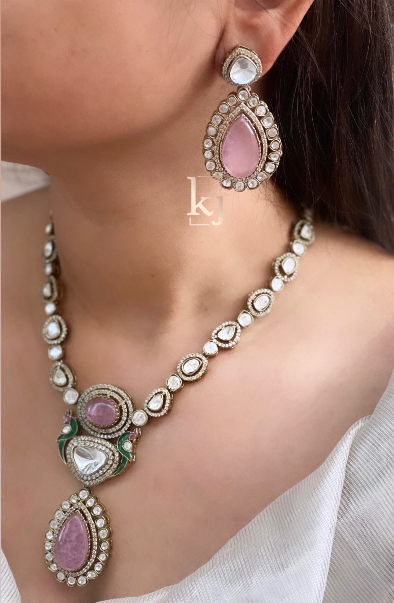 Regal Antique Gold-Plated Long Kundan Necklace Set with Pink & White Beads main image 0