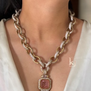 Sabyasachi Inspired Indian Long Pink Pendant Set Stone Semi Precious With Earrings/Statement Necklace/Indian Pakistani CZ Necklace Set