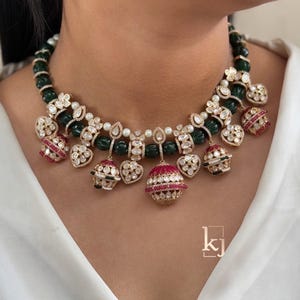 Uncut Polki Kundan Designer Necklace Sabyasachi Jewelry Green Kundan Premium India Bridal Jadau Jewelry Moissanite Traditional Polki Jewelry