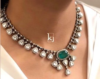 Conjunto de collar nupcial verde esmeralda, joyería nupcial victoriana Polki