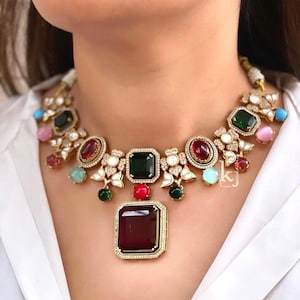 Sabyasachi Inspired Polki Kundan Choker Necklace, Multicolor Bridal Jewelry