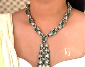 Conjunto de collar Polki verde esmeralda, joyería nupcial victoriana, collar largo Kundan