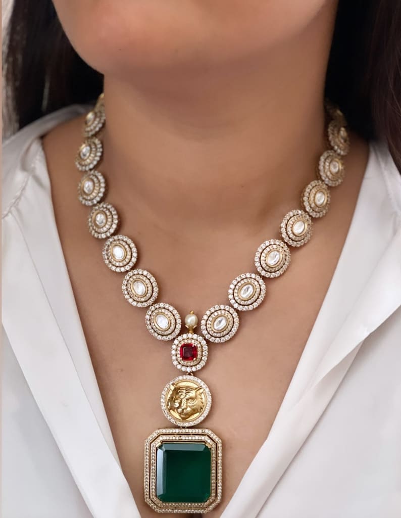 Polki Necklace Red Kundan Pendant Sabyasachi Jewelry Victorian Polki Diamond Necklace Long Indian Necklace Moissanite Polki Jewelry