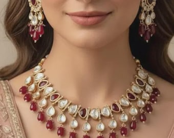 Conjunto de colar choker rosa Kundan, joias indianas de noiva banhadas a ouro estilo vitoriano.