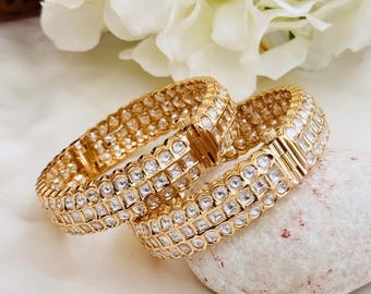 Gold Kundan Polki Bangles, Indian Wedding Jewelry, Green Kada (Size 2.4)