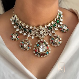 Premium Amrapali Inspired Kundan Zirconia Diamond Navratan Multi Color Necklace set Designer Indian Pakistani Jewelry Handmade Jewelry