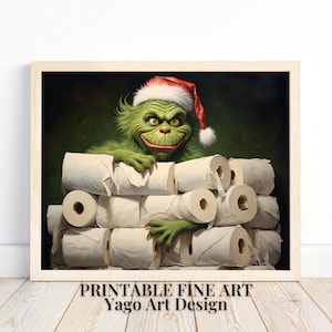 Grinch Bathroom Print | Funny Poster Wall Art | Xmas Holiday Wall Decor | Toilet Humor | Classic Restroom Art | Grinch Holding Toilet Paper