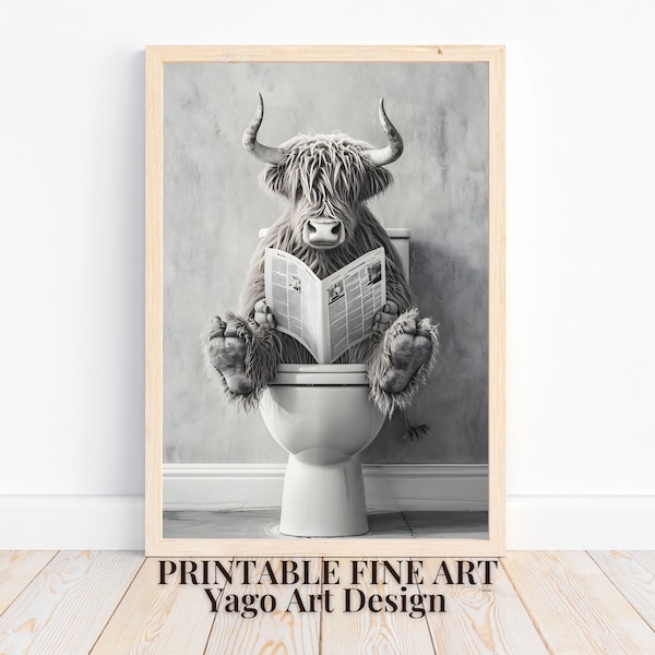 Highland Cow Sitting on Toilet Reading Newspaper | Bathroom Humor | Funny Bathroom Print | Animal on Toilet Poster | Whimsy Animal Wall Art