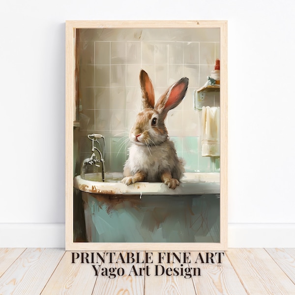 Easter Bunny in Bathtub Wall Art Print | Rabbit in Bathroom Printable Wall Decor | Bathroom Animal Art Prints | Funny Bathroom Decor | Cute