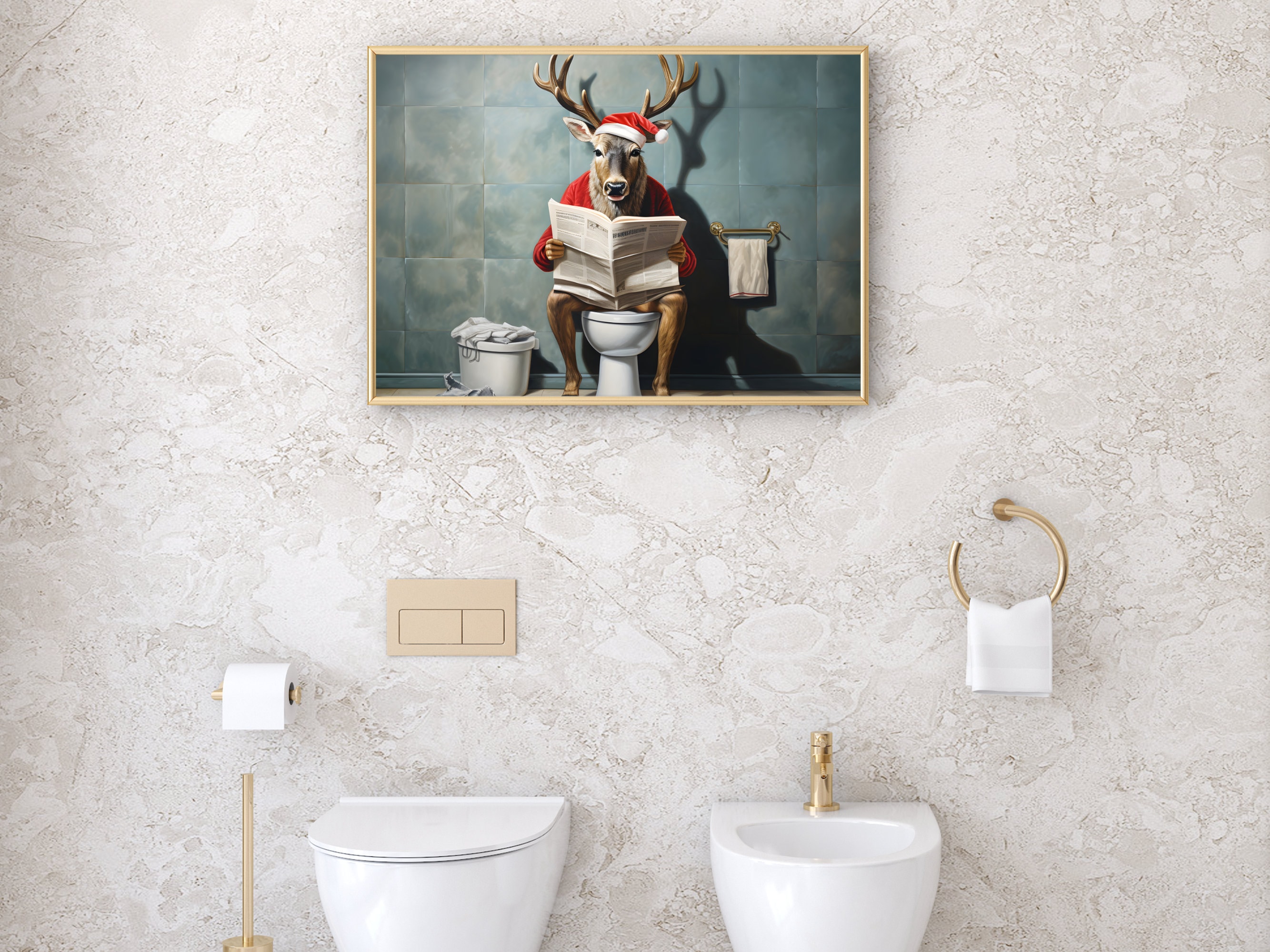 Reindeer on Toilet Print Reindeer in Bathroom Printable Wall Decor