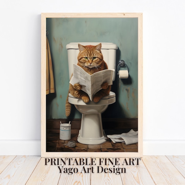 Cat on Toilet Wall Art Print | Cat in Bathroom Printable Wall Decor | Bathroom Animal Art Prints | Funny Bathroom Decor | Cute Cat Wall Art