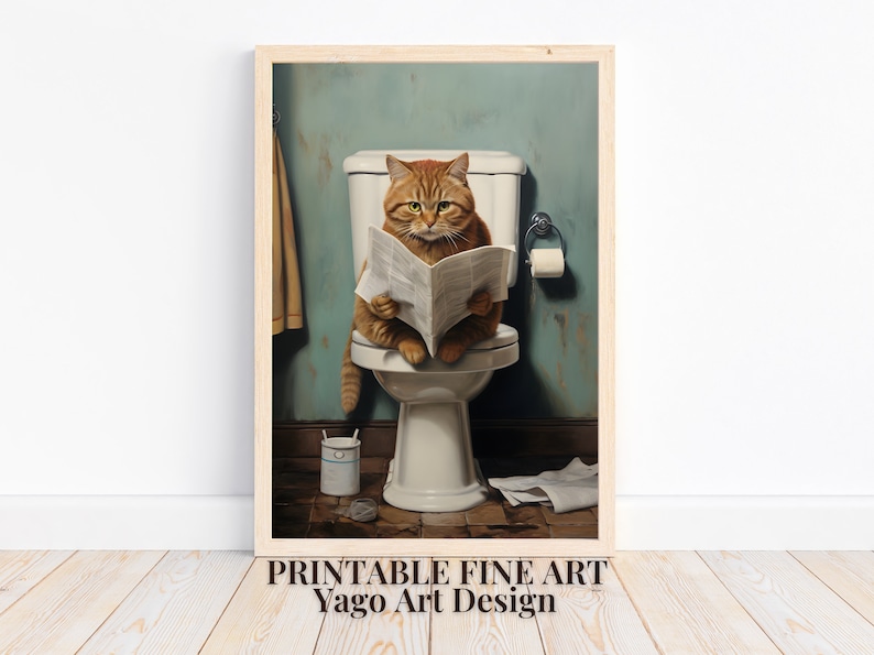 Lustiges Badezimmer-Poster - Katze Liest Zeitung Auf Toilette | 20,3x25,4 Cm Wanddekoration