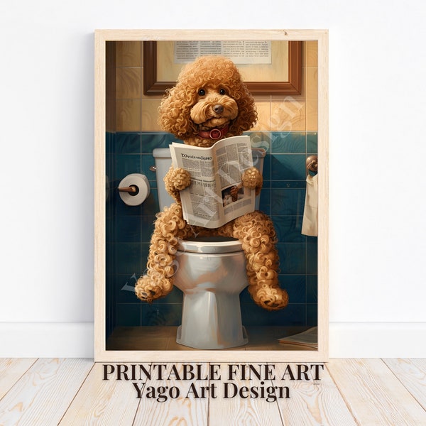 Apricot Poodle on Toilet Art Print, Funny Bathroom Decor, Cute Dog Wall Decor, Toilet Wall Decor,  Poodle reading Newspaper, Cute Dog Poster