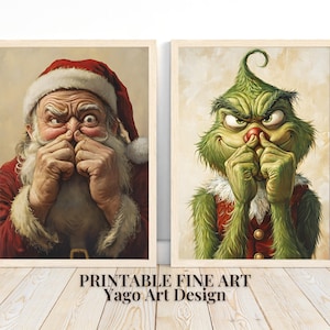 Funny Christmas Bathroom Set of 2 Prints, Funny Bathroom Decor, Christmas Wall Art Set, Toilet Humor Decor, Santa and Grinch Vintage Art