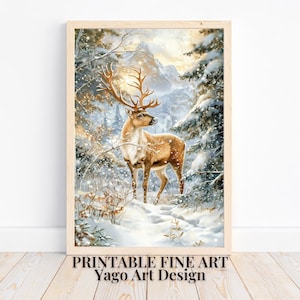 Reindeer Season Winter Art Print, Christmas Wall Decor, Printable Deer Oil Painting, Snowy Forest Animal Wall Poster, Digital Download Print