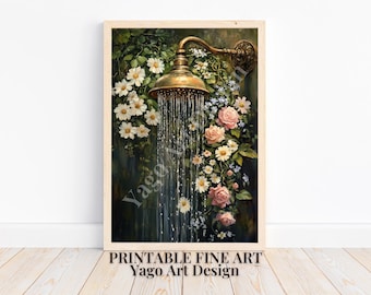 Lámina floral para ducha: Decoración botánica vintage para baño (descarga digital)