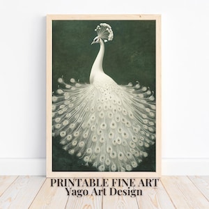 White Peacock Wall Art Print | Animal Portrait Wall Decor | Peacock Wall Art | Vintage Peacock Art Green Background | Printable Poster Art