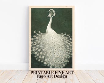 White Peacock Art Print: vintage dierenportret (digitale download)
