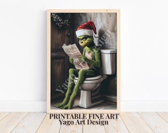 May include: A green Grinch wearing a red Santa hat sits on a toilet reading a newspaper. The Grinch is in a bathroom with a wooden door and a Christmas wreath hanging on the door.