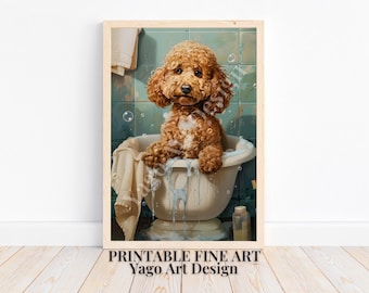 May include: A brown and white poodle dog sits in a white bathtub with bubbles and water. The dog is looking at the camera with a happy expression. The background is a blue and green tiled bathroom.