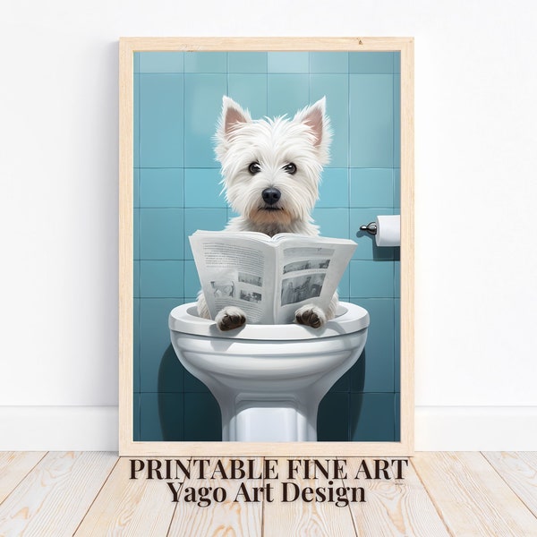 West Highland Terrier assis sur les toilettes et lisant un journal Impression d’art mural, Art mural drôle de salle de bain, Art mural de chien mignon, Décoration murale de toilettes