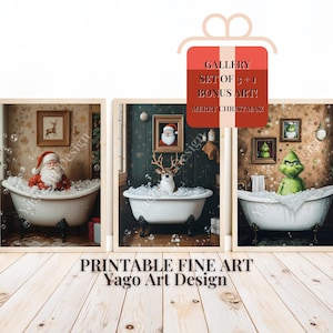 Gallery Set of 3+1 Xmas Bathroom Arts, Cute Bathroom Decor, Christmas Wall Art Set, Toilet Humor Decor, Santa, Reindeer and Grinch Wall Art