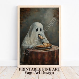 Lámina artística de un fantasma comiendo pizza: Decoración de cocina de Halloween (Descarga digital)