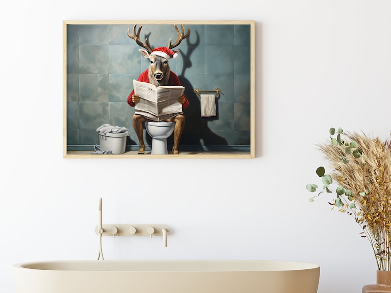 Reindeer on Toilet Print Reindeer in Bathroom Printable Wall Decor