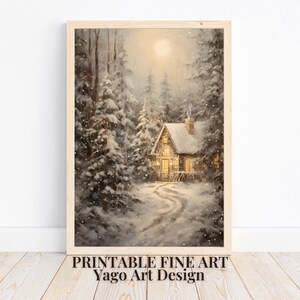 Winter Cabin Oil Painting Print: Snowy Forest Farmhouse Art (Digital Download)