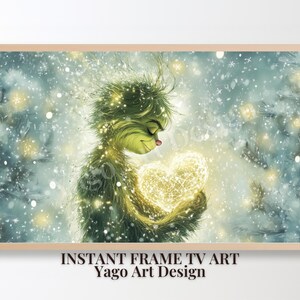 Puede incluir: Un personaje verde parecido al Grinch con una luz en forma de corazón en sus manos, rodeado de un fondo nevado y brillante.