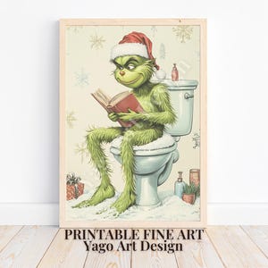 Christmas Grinch on Toilet Art Print | Grinch in Bathroom | Grinch Minimalist Wall Art | Funny Grinch Toilet Poster | Christmas Toilet Sign