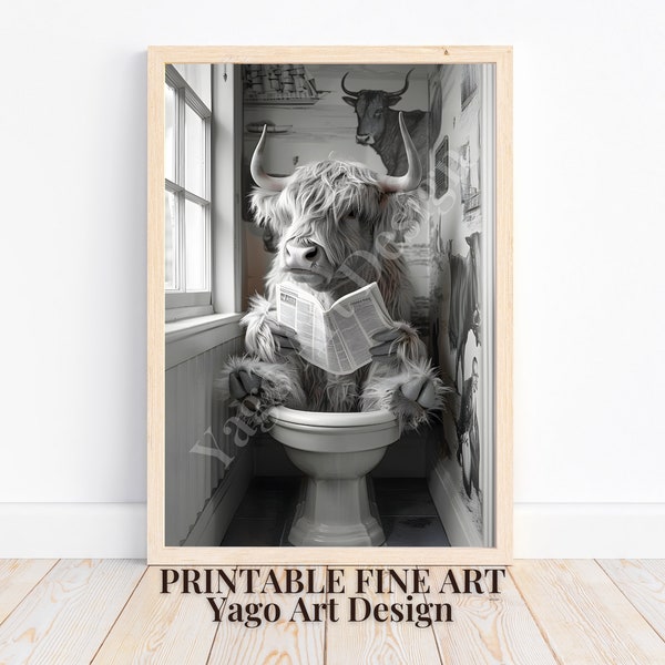 Highland Cow Sitting on Toilet Poster Printable | Bathroom Humor | Cute Bathroom Print | Animal on Toilet Poster | Country Toilet Wall Art