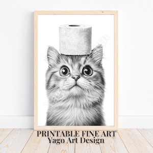 Cat With a Toilet Paper Roll on the Head, Printable Bathroom Art, Funny Animal Wall Art, Minimalist Bathroom Art, Cat Humor Digital Print