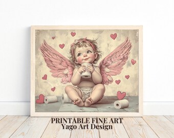 Cute Cupid Bathroom Digital Print | Funny Poster Wall Art | Valentine Wall Decor | Toilet Humor | Vintage Restroom Art, Holding a Roll of TP