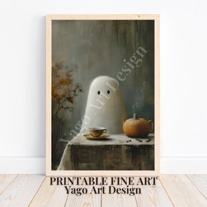 Ghost Drinking Coffee Print, &quot;Coffee Time&quot;, Office Poster, Dark Academia, Haunting Ghost, Halloween Decor, Coffee Lover, Kitchen Decor, Gift