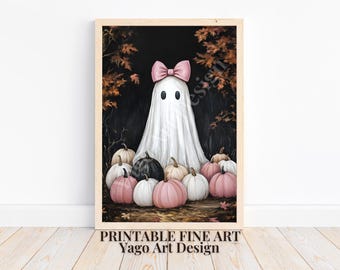 Ghost Art - "Pink Bow Art" | Cute Ghost With Pink Bow, Ghost with Pumpkins Poster, Autumn Ghost Painting, Vintage Print, Girly Art Print