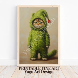 Cat in Grinch Costume Art Print, Cat in Cute One-piece Costume Art Painting, Grinch Art, Winter Season Wall Decor, Whimsical Cat Home Decor