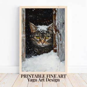 Winter Printable Art | Moody Cat Art, Rustic Farmhouse Wall Art, Winter Home Decor, Holiday Poster, Lovely Cat Painting, Cat Lover Gift