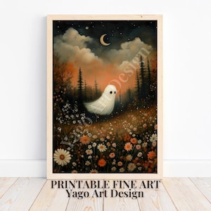 Ghost in Enchanted Forest Meadow Print | Beautiful Meadow Poster, Autumn Ghost Painting, Vintage Print, Charming Fall Season, Digi Download