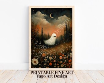 May include: A framed print of a whimsical ghost in a field of flowers under a night sky with a crescent moon. The artwork features a soft color palette with the text "PRINTABLE FINE ART Yago Art Design" at the bottom.